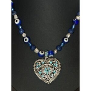 Evil Eye Bead Necklace Blue Dyed Quartz Rhinestone Heart Pendant 22"